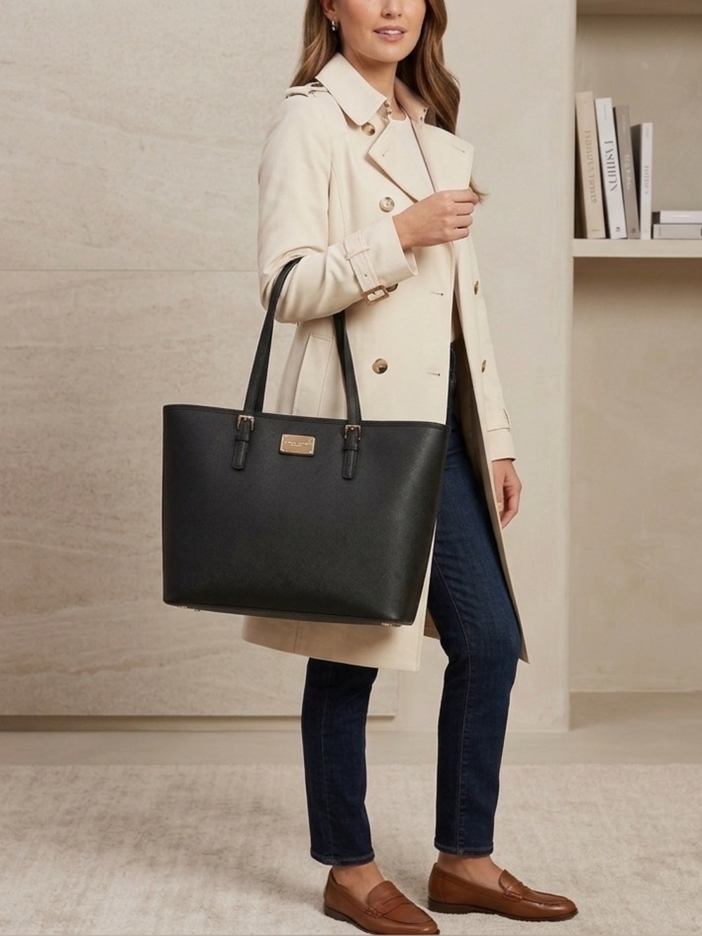 Michael Kors Black Saffiano Leather Tote with Gold Plaque